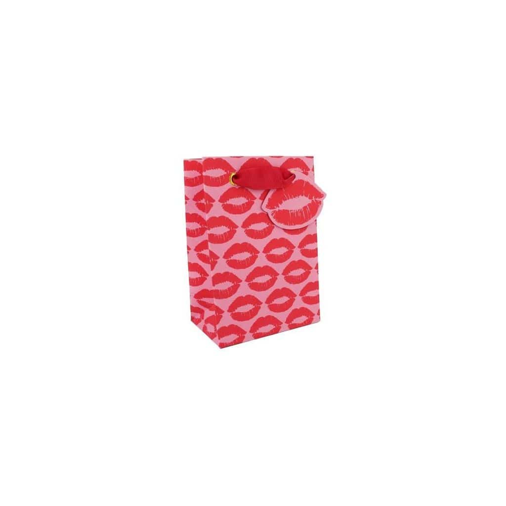 Small gift bag with "Kisses" design from Love Vivid, featuring colorful graphics and a sturdy handle for gift packaging.